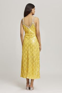 Yellow dress with all over sequin embellishments in geometric pattern, accentuated with pearls and stone work belt detailing. - Aza Fashions Work Belt, Stone Work, Embellished Dress, Women Dresses, V Neck Dress, Yellow Dress, Aza Fashion, Dresses Midi, Embellishments