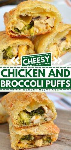 cheesy chicken and broccoli puffs on a plate with text overlay