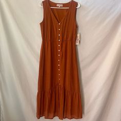 Nanette By Nanette Lepore Rust Color Button-Down Sleeveless Dress New With Tags! Size 8 Sleeveless Button Closure Midi Dress For Beach, Sleeveless Midi Dress With Button Closure For Beach, Brown Button Closure Dress For Beach, Brown Button Closure Beach Dress, Sleeveless Sundress With Button Closure For Spring, Spring Sleeveless Sundress With Button Closure, Brown Beach Dress With Button Closure, Sleeveless Buttoned Beach Dress, Sleeveless Buttoned Maxi Dress For Daywear