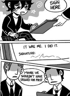 a comic strip with an image of two people in suits and one is holding a clipboard