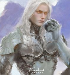 a digital painting of a woman with white hair and armor holding an apple in her hand