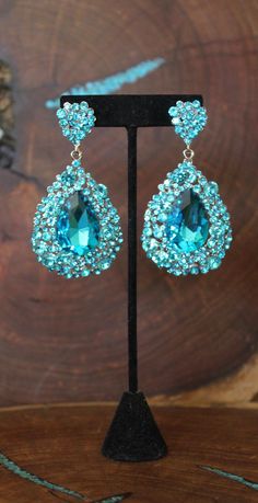 Blue Prom Earrings, Teal Bracelet, Teal Bridesmaid, Pageant Earrings, Prom Earrings, Large Crystal, Bridesmaid Bracelet, Large Crystals, Blue Rhinestones