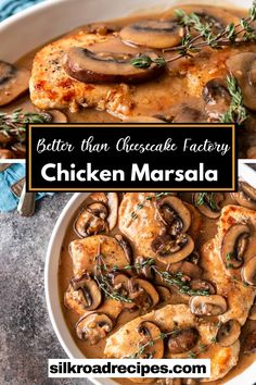 chicken marsala with mushrooms and herbs in a white bowl