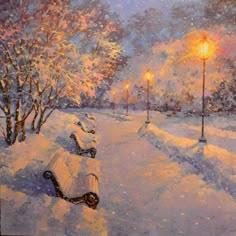 a painting of snow covered park benches and street lamps at night with the light on