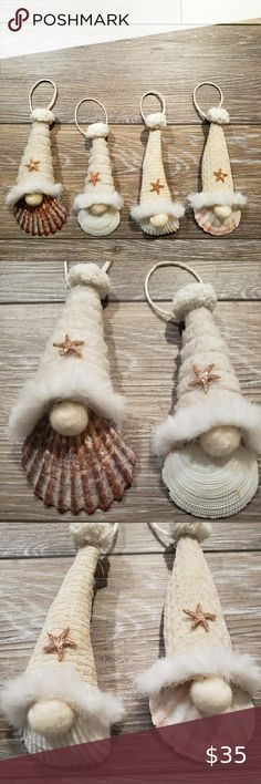 Shell ornaments 4 piece set Shell Souvenir Ideas, Shell Gnomes, Make A Garland, Nautical Christmas Ornaments, Seashell Christmas Ornaments, Seashell Christmas, Beach Christmas Decorations, Beach Christmas Ornaments, Coastal Christmas Tree