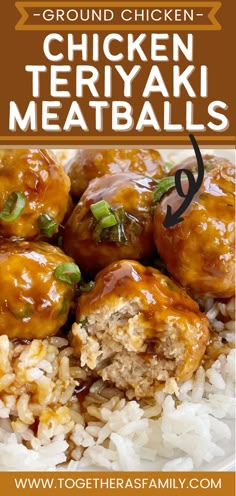 A close up picture of meatballs with a bite taken out of it. Covered in teriyaki sauce and served over a bed of rice. Pineapple Terriaki Chicken Meatballs Recipe, Ground Chicken Recipes Healthy Meatballs, Simple Suppers Healthy, Ground Chicken Meatballs Baked, Chicken Meatball Dishes, Ground Chicken Appetizers, Things To Make With Ground Chicken, Meatball And Rice Recipes, What To Make With Ground Chicken