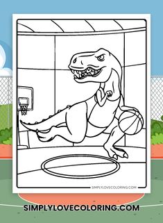 a coloring page with a dinosaur in the shower and an image of a basketball player