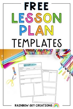 the free lesson plan template for rainbow sky creations is shown with supplies and pencils