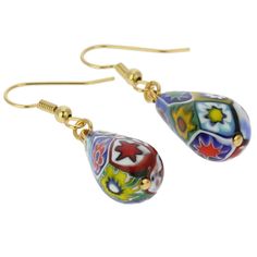 Dainty, colorful, and stylish, these Millefiori earrings demonstrate Murano artisans' incredible talent and fantasy. The beautiful delicate multicolor beads with a variety of Millefiori designs present the most famous Murano glass technique in a fun and contemporary way. Measurements: Each bead measures 1 inch in length, the diameter at the bottom is about 3/8 inch. Ear hooks are made of 18K gold-plated surgical steel. All other non-glass parts are 18K gold-plated. The earrings come with an attr Elegant Multicolor Earrings As Gift, Elegant Multicolor Earrings For Gifts, Artistic Multicolor Jewelry With Colorful Design, Colorful Dangle Earrings For Gift, Elegant Multicolor Beaded Earrings For Gifts, Multicolor Teardrop Earrings With Colorful Beads For Gift, Elegant Multicolor Beaded Earrings For Pierced Ears, Elegant Colorful Drop Earrings, Multicolor Dangle Teardrop Earrings As Gift