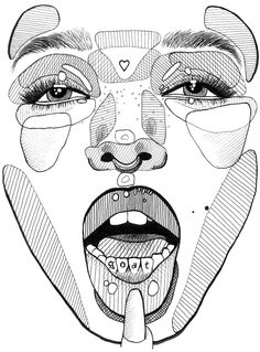 a black and white drawing of a woman's face with her tongue sticking out