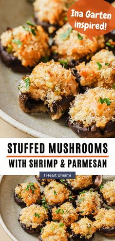 stuffed mushrooms with shrimp and parmesan on a platter for an appetizer