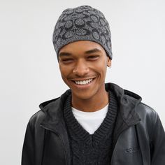 Add our Signature to your style with this warm wool-blend beanie. Offering two looks in one it reverses from our Signature on one side to a solid on the other detailed with our name. | Coach Reversible Signature Beanie - Grey Casual Fall Beanie With Fleece Lining, Casual Reversible Winter Hat, Coach Hat, Backpack Charm, Grey Beanie, Large Wallet, Wool Beanie, Midnight Navy, Fit Inspo