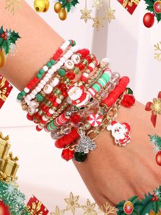 10pcs/Set Handmade Beaded Colorful Santa Claus Christmas Elastic Bracelets, Suitable For Women Christmas Wear Multicolor Glamorous   Artificial Crystal     Women Fashion Jewelry, size features are:Bust: ,Length: ,Sleeve Length: Diy Christmas Jewelry Ideas, Christmas Bracelet Ideas, Christmas Jewelry Diy, Holiday Bracelets, Elastic Bracelets, Christmas Wear, Christmas Bracelet, Santa Claus Christmas, Bracelet Ideas