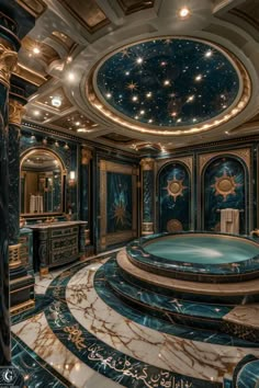 an elaborately decorated bathroom with blue marble and gold accents is pictured in this image