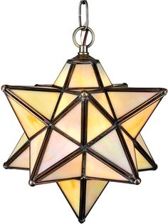 a hanging light with a star design on the front and side of it's glass shade