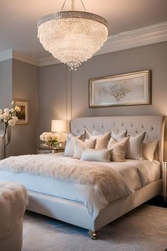 a bedroom with a large white bed and chandelier