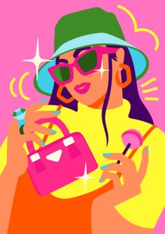 a woman in a hat and sunglasses holding a pink bag with stars on her face