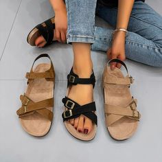 Casual Gladiator Style Outdoor Flat Sandal – 4Colordress Womens Belt Buckles, Casual Beach Sandals, Cork Sandals, Comfortable Slippers, Casual Slippers, Womens Casual, Beach Sandals, Casual Sandals, Cross Straps