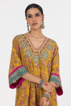 Mustard yellow kaftan style kurta with floral block print and sequin embroidery. Paired with matching embroidered hem pant. - Aza Fashions Yellow Kaftan, Floral Block Print, Kaftan Style, Floral Pajamas, How To Hem Pants, Kurta With Pants, Sequins Embroidery, Silk Embroidery, Yellow Floral