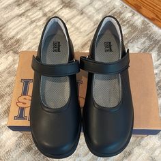 Brand New In Box School Issue Black Mary Jane Velcro Shoe Size 7 Black Slip-on Mary Janes With Rubber Sole, Casual Black Mary Janes With Removable Insole, Black Synthetic Casual Mary Janes, Casual Black Synthetic Mary Janes, Black Slip-on Mary Janes With Removable Insole, Black Closed Toe Mary Janes With Rubber Sole, Black Leather Mary Janes For School, Womens Saddle Shoes, Shoes School