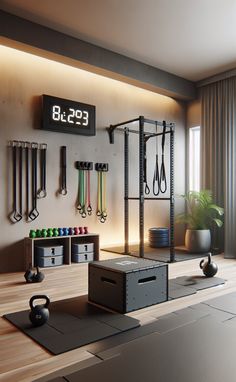 there is a gym room with various exercise equipment on the wall and an alarm clock