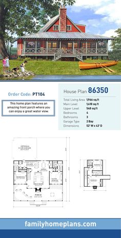 the floor plan for a small cabin home with two levels and an open living area