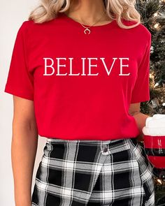 Believe Christmas Sweatshirt, Merry Christmas Shirt, Christmas Believe Shirt, Women Christmas Sweater, Christmas Crewneck Sweater Checkout More from Milano Fashion Threads Shop  https://www.etsy.com/shop/Milanofashionthreads?ref=dashboard-header ✨These designs are great gifts for family, friends, or coworkers. Our mentality is every t-shirt we create, we make more impact on the world  We use Bella Canvas, Circle Clothing, Gildan Softstyle brands. If there is a specific brand you would like please ad a note to seller at checkout. Available inventory is sent when none is specified. ✨SHIRT SIZING All Shirts come in 14 colors and 5 sizes, ranging from Small to 2X-Large.  Unisex T-Shirts are regular fit. They tend to run slightly large for women if you want an oversized fit you can order 1 or 2 Christmas Crew Neck T-shirt With Letter Print, Casual Letter Print Tops For Festive Occasions, Christmas Letter Print Crew Neck T-shirt, Christmas Gift Tops With Text Print, Christmas Festive Tops With Letter Print, Christmas Text Print Tops As Gifts, Festive Christmas Letter Print Tops, Winter Short Sleeve Tops With Letter Print, Casual Red Top For New Year