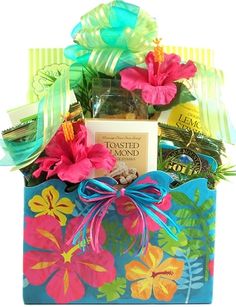 a colorful gift bag filled with lots of goodies for someone's special occasion