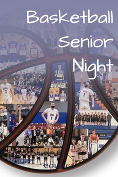 A basketball-shaped photo collage featuring memorable moments from a basketball player's career, including team photos, game highlights, and personal snapshots. The text reads, "Basketball Senior Night." This unique design serves as a personalized keepsake for celebrating senior night. Basketball Senior Night Gifts, Senior Night Gifts, Sports Psychology