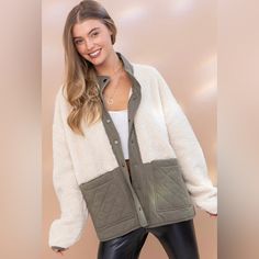 Stay Cozy And Stylish With This Colorblock Sherpa Quilted Jacket. In A Versatile Size S/M, This Jacket Features A Chic Colorblock Design And Plush Sherpa Material, Perfect For Adding A Touch Of Warmth And Fashion To Any Outfit. A Must-Have For Your Fall And Winter Wardrobe! This Sherpa Color-Block Quilted Jacket Is A Must Have! Snap Up Front Pockets Bought At Boutique And Never Worn But No Longer Have Tags Size S/M But Oversized Feel Feel Free To Contact Me If You Have Any Questions Or Need More Beige Color Block Long Sleeve Outerwear, Beige Long Sleeve Outerwear With Color Block, Cozy Long Sleeve Color Block Outerwear, Beige Long Sleeve Color Block Outerwear, Cozy Color Block Outerwear For Layering, Cozy Color Block Winter Outerwear, Cozy Color Block Outerwear For Winter, Color Block Long Sleeve Outerwear For Layering, Long Sleeve Color Block Outerwear For Layering