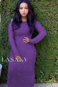 Lasaky - Stylish Womens Long Sleeve Fleece Dress with Round Neck in an Array of Colors Purple Knee-length Winter Dress, Fall Party Dress With Crew Neck, Purple Long Sleeve Dress For Winter, Purple Long Sleeve Midi Dress For Fall, Fuzzy Sweater Dress, Huge Hair, Future Outfit, Fleece Dress, Crewneck Dress