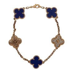 This is a limited edition Vintage Alhambra 5 motif bracelet that was released by Van Cleef & Arpels for their 50th Anniversary. It comes in Blue Sevres Porcelain, 18k yellow gold and has twenty-four round, brilliant cut diamonds with a lobster claw clasp.Origin: FranceCondition: New and never worn Accompanied by: VCA green jewelry boxMeasurements: 6.5mm circumference x 15mm width Van Cleef Chalcedony Bracelet, Vca Sweet Alhambra Necklace, Vancleef & Arpel Alahambra Bracelet In Pale Blue, Van Cleef 10 Motif Necklace, Vca Vintage Alhambra Necklace, Chanel Cuff Bracelet, Vintage Diamond Bracelet, Chanel Cuff, Black Leather Cuff Bracelet