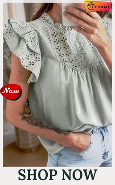 Green Eyelet Pattern Splicing Ruffled Sleeves Top Sleeves Top, Ruffled Sleeve Top, Ruffled Sleeves, Sleeve Top, On Sale, Free Shipping, Green, Pattern