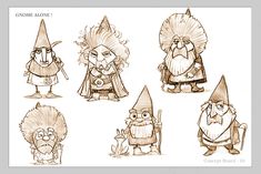 some drawings of gnomes with different hats and costumes on their heads, one is holding a