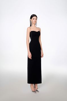 Look sleek and sophisticated in dress. This stylish dress is made of a crepe material, with a sweetheart neckline for a flattering fit. Its straight midi length offers a sophisticated look for any occasion. Crystal Embroidery, Crepe Midi Dress, Mean Blvd, Ankle Length Dress, Charm Making, Sweetheart Neck, Crepe Fabric, Independent Designers Fashion, Black Midi Dress