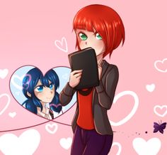 a girl with red hair is looking at her tablet