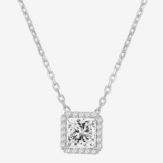 Formal Cubic Zirconia Necklace With Square Pendant, Elegant Cubic Zirconia Solitaire Necklace With Square Pendant, Wedding Solitaire Necklace With Square Pendant, Classic Princess Cut Cubic Zirconia Necklace, White Gold Cubic Zirconia Rectangular Pendant Necklace, White Gold Cubic Zirconia Necklace With Rectangular Pendant, Classic Cubic Zirconia Princess Cut Necklace, Solitaire Necklace With Diamond Accents And Square Pendant, Elegant Square White Gold Jewelry