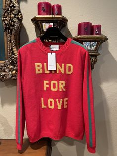 100% Authentic or money back!!!!!! Sold Out!!! GUCCI "Blind For Love" And Bee Wool Sweater In Red Multicoloured Wool Crew neck Striped and ribbed trims ‘Blind for Love’ has come to embody Gucci 's romantic sensibility under the watchful eye of Creative Director and aesthete Mr Alessandro Michele This red wool sweater is jacquard-knitted with a bee motif – the latest creature to be adopted by the house. Brand new with tags!!! ❤️Size: L Armpit to Armpit is 20.75” inches Back collar to the bottom i Gucci Winter Sweatshirt With Ribbed Cuffs, Winter Gucci Sweatshirt With Ribbed Cuffs, Gucci Sweatshirt With Ribbed Cuffs For Winter, Designer Gucci Fall Sweater, Gucci Long Sleeve Winter Sweatshirt, Gucci Fall Sweater With Ribbed Cuffs, Gucci Crew Neck Sweater With Ribbed Cuffs, Gucci Designer Winter Sweater, Gucci Luxury Tops For Winter