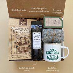 an open box with coffee, tea and other items labeled in the words best dad