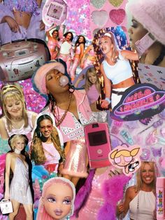 collage of barbie dolls and other items in pink, white and purple colors with hearts