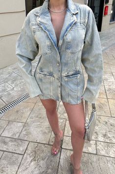 100% cotton denim Oversized Straight fit Length apx 27" Arm Length 24" Double pockets style Model wears size S Denim Outfits, Denim Outfit, Cut And Color, Dress Accessories, Best Sellers, Denim Jacket, Models, Pants, How To Wear