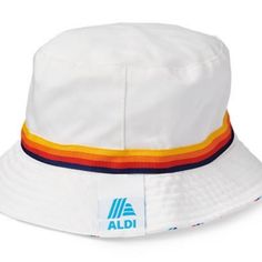 2024 Aldi Gear Merch Clothes Capsule. Unisex Adult White Bucket Hat With Clasic Navy Blue, Orange, Red And Yellow In Their Classic Retro Stripes. The Underside Of The Brim Has The Logo In Their Classic Color Palette. New With Tags White Cotton Visor Bucket Hat, Clothes Capsule, White Bucket Hat, Classic Color Palette, Retro Stripes, Red And Yellow, Orange Red, Blue Orange, Clothing Brand