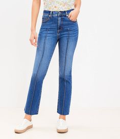 Pintucked High Rise Kick Crop Jeans in Bright Mid Indigo Wash High Rise Dark Wash Flare Jeans With Seam Detailing, Mid-rise Denim Flare Jeans With Seam Detailing, Spring Mid-rise Flare Jeans With Seam Detailing, Mid-rise Flare Jeans With Seam Detailing For Spring, Chic Fitted Straight Flare Jeans, Fitted Classic Cropped Flare Jeans, Fitted Jeans With Seam Detailing For Fall, Fitted Wide Leg Jeans With Seam Detailing, Trendy Fitted Cropped Leg Flare Jeans