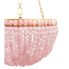 a pink beaded chandelier hanging from a gold chain