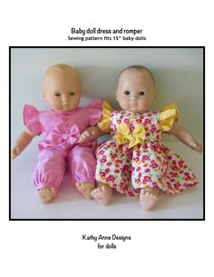 two baby dolls sitting next to each other on top of a white surface with the words, baby doll and jumper sewing patterns