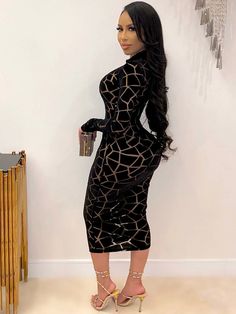 Material:90-95% Polyester. Features:Long sleeve. mock neck. print. see-through. sexy. bodycon midi dresses.Style:Clubwear. Fitted Sheer Midi Dress For Club, Sheer Black Bodycon Dress For Party Season, Black High Neck Bodycon Dress For Party, Black High Neck Bodycon Party Dress, Glamorous Long Sleeve Midi Dress For Club, Sheer Bodycon Dress For Fall, Black Knee-length Bodycon Dress With Sheer Sleeves, Black Sheer Midi Length Bodycon Dress, Bodycon High Neck Midi Dress For Party