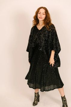 Black Sequin Tunic Satin Lined - Fringe+Co Fall Festive Sequin Dress With Contrast Sequin, Festive Fall Sequin Dress With Contrast Sequins, Festive Fall Contrast Sequin Dress, Festive Sequin Dress For Holiday Party, Festive V-neck Sequin Dress, Chic Sequin Dress For Spring Festive, Shimmer Sequin Fabric For Spring Evening, Spring Evening Sequin Fabric With Shimmer, Spring Evening Shimmer Sequin Fabric