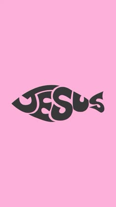 the word jesus on a pink background with an image of a fish in black letters