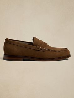 Classic Suede Penny Loafer | Banana Republic Factory Classic Suede Loafers With Cushioned Footbed, Classic Suede Loafers With Round Toe, Classic Slip-on Suede Moccasins, Classic Suede Wingtip Loafers, Classic Wingtip Suede Loafers, Classic Suede Loafers For Fall, Recycled Polyester Fabric, Penny Loafers, Timeless Classic