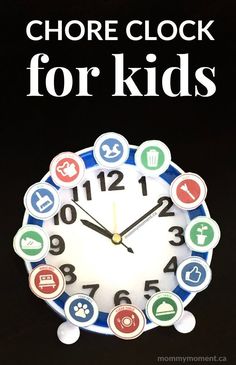 a close up of a clock on a black background with the words, chore clock for kids